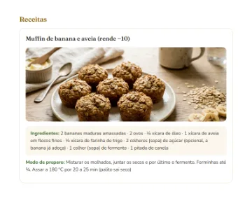 Página de receita do muffin de banana e aveia, com foto, ingredientes e modo de preparo